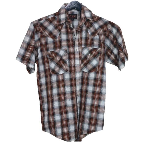 Plains Western Wear Snap Button Shirt Men's Small S/S Lot Of 2 Brown Blue Plaid - Picture 3 of 9